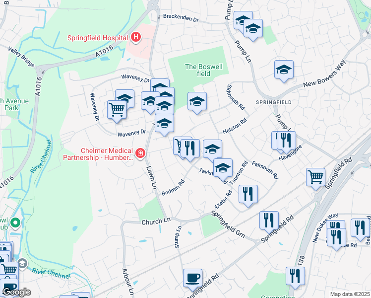 map of restaurants, bars, coffee shops, grocery stores, and more near 12 Burnham Road in Essex