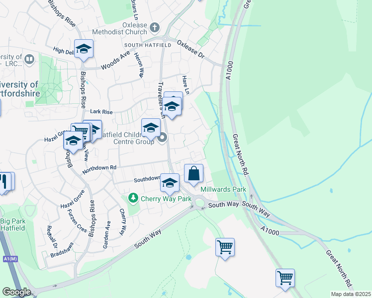 map of restaurants, bars, coffee shops, grocery stores, and more near 2 Hamilton Court in Hertfordshire