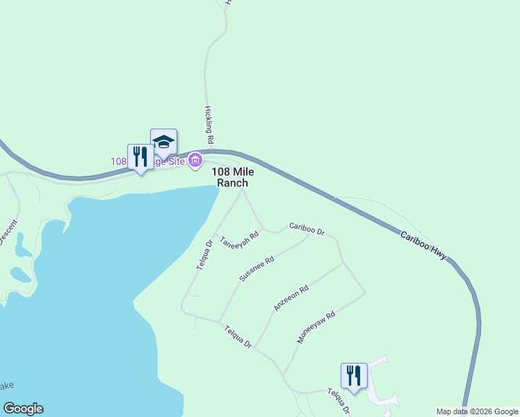map of restaurants, bars, coffee shops, grocery stores, and more near 4719 Cariboo Drive in 108 Mile Ranch