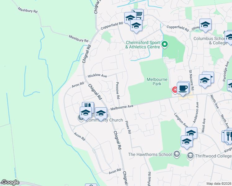 map of restaurants, bars, coffee shops, grocery stores, and more near 27 Pennine Road in Essex