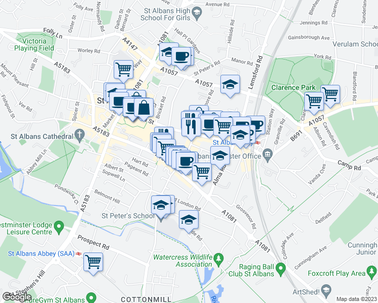 map of restaurants, bars, coffee shops, grocery stores, and more near 48 Milliner's Court in Hertfordshire