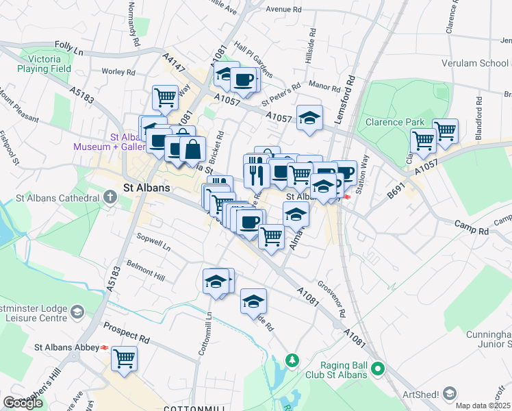 map of restaurants, bars, coffee shops, grocery stores, and more near 54 Lattimore Road in Hertfordshire