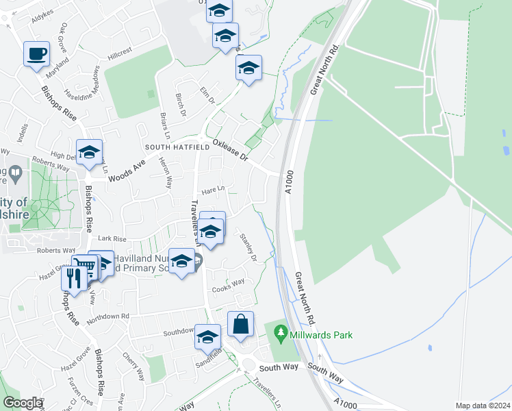 map of restaurants, bars, coffee shops, grocery stores, and more near 41 Badger Way in Hertfordshire
