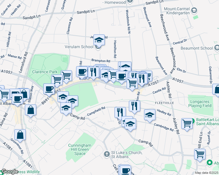 map of restaurants, bars, coffee shops, grocery stores, and more near 228 Hatfield Road in Hertfordshire