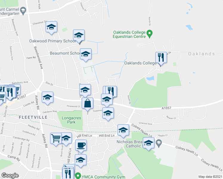 map of restaurants, bars, coffee shops, grocery stores, and more near 7 Wynches Farm Drive in Hertfordshire