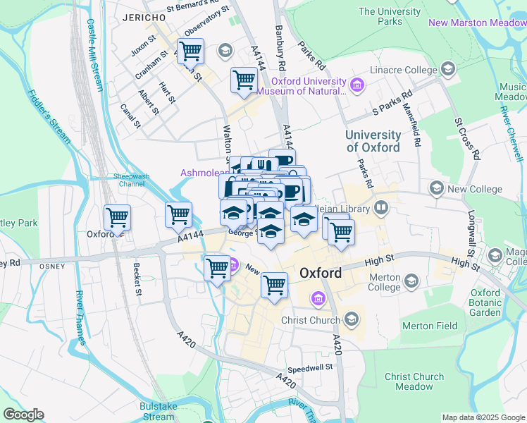 map of restaurants, bars, coffee shops, grocery stores, and more near Gloucester Street in Oxford