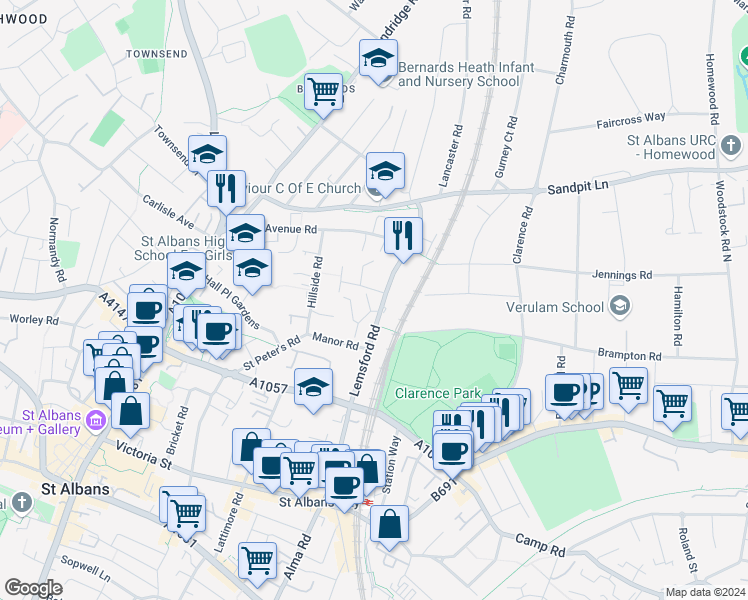 map of restaurants, bars, coffee shops, grocery stores, and more near 11 Thirlestane in Hertfordshire