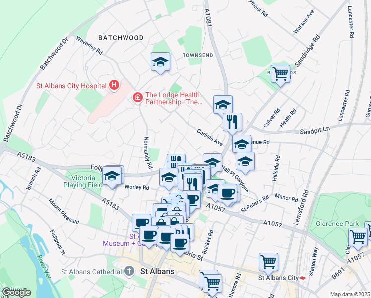 map of restaurants, bars, coffee shops, grocery stores, and more near 52 Bernard Street in Hertfordshire