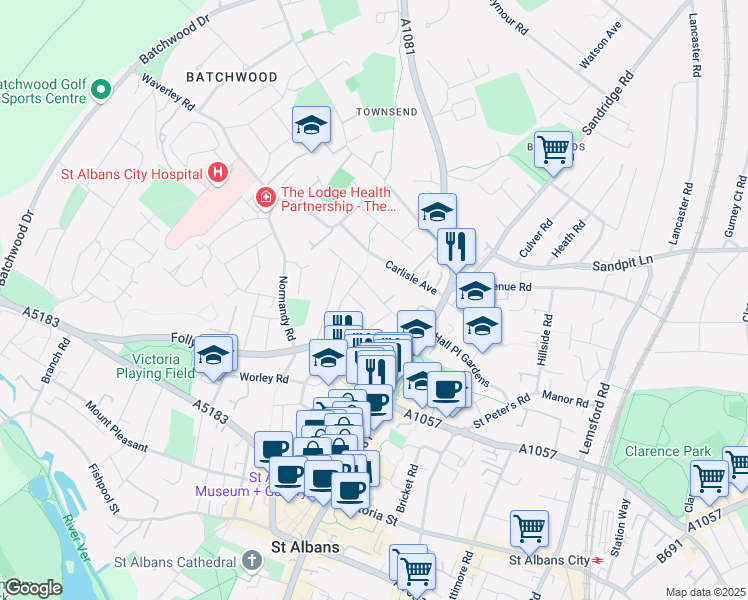 map of restaurants, bars, coffee shops, grocery stores, and more near 52 Bernard Street in Hertfordshire
