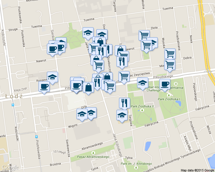 map of restaurants, bars, coffee shops, grocery stores, and more near 40 Piłsudskiego in Łódź