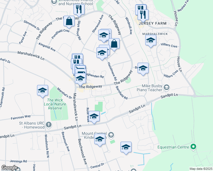 map of restaurants, bars, coffee shops, grocery stores, and more near 315 The Ridgeway in Hertfordshire