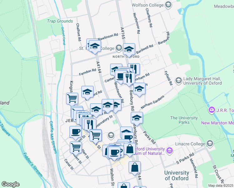 map of restaurants, bars, coffee shops, grocery stores, and more near 62 Woodstock Road in Oxfordshire