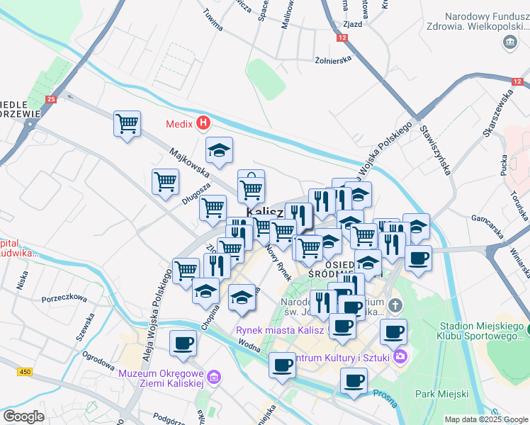 map of restaurants, bars, coffee shops, grocery stores, and more near in Kalisz