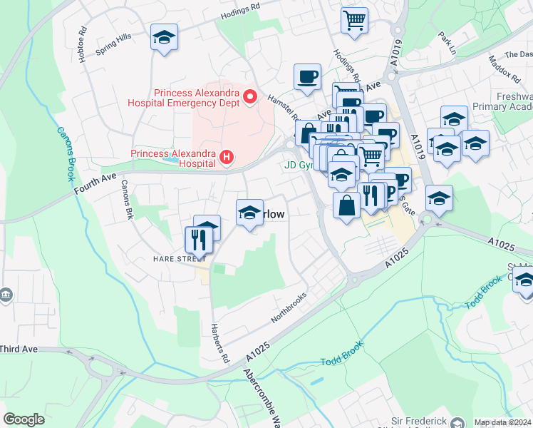 map of restaurants, bars, coffee shops, grocery stores, and more near in Harlow