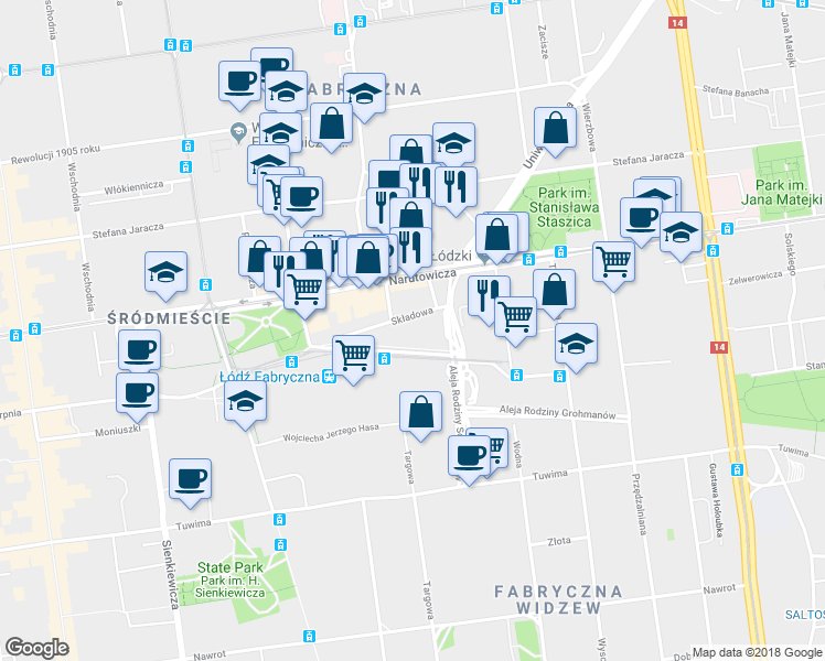 map of restaurants, bars, coffee shops, grocery stores, and more near 35 Składowa in Łódź