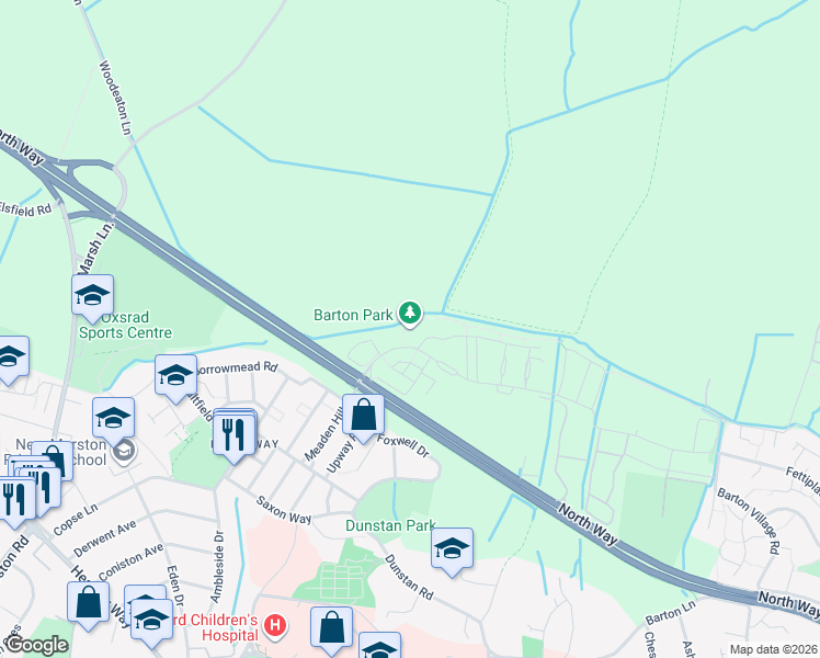map of restaurants, bars, coffee shops, grocery stores, and more near Barton Fields Road in Oxfordshire