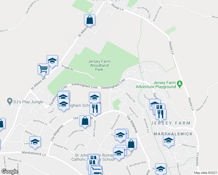 map of restaurants, bars, coffee shops, grocery stores, and more near Sandringham Crescent in Hertfordshire