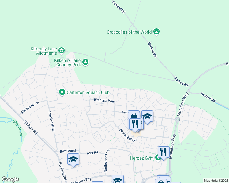 map of restaurants, bars, coffee shops, grocery stores, and more near Park Lane in Oxfordshire