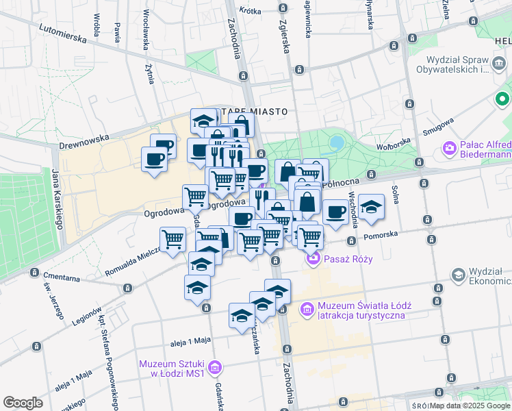 map of restaurants, bars, coffee shops, grocery stores, and more near 16 Ogrodowa in Łódź