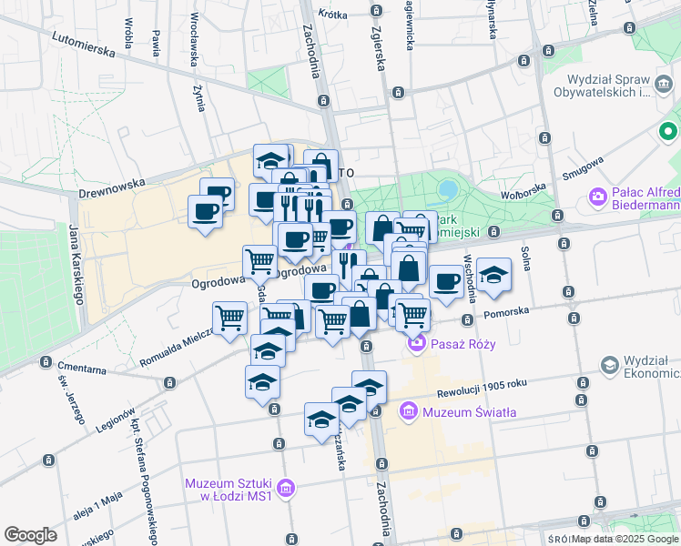 map of restaurants, bars, coffee shops, grocery stores, and more near 16 Ogrodowa in Łódź