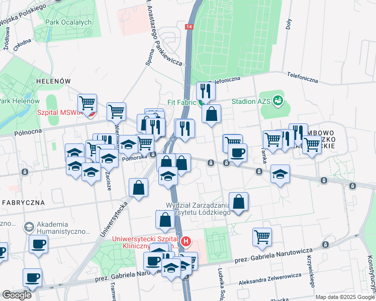 map of restaurants, bars, coffee shops, grocery stores, and more near 106 Pomorska in Lodz