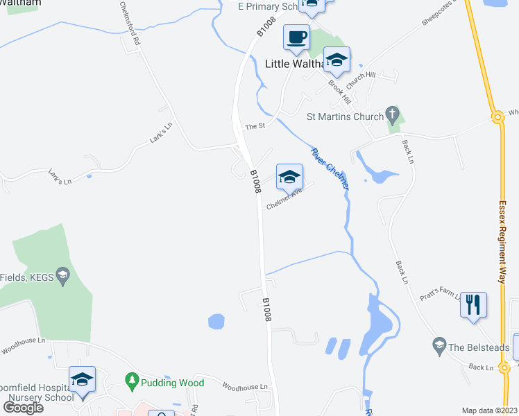 map of restaurants, bars, coffee shops, grocery stores, and more near Blasford Hill in Little Waltham