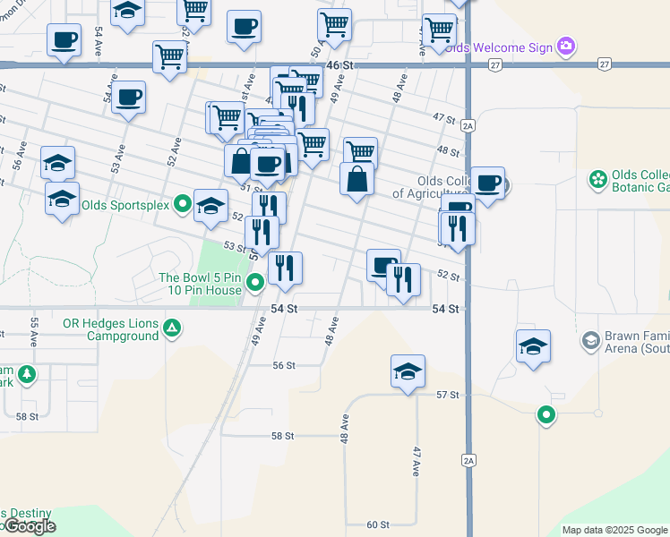 map of restaurants, bars, coffee shops, grocery stores, and more near 5210 48 Avenue in Olds
