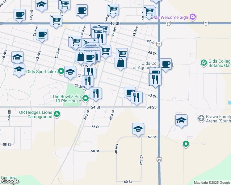 map of restaurants, bars, coffee shops, grocery stores, and more near 5210 48 Avenue in Olds