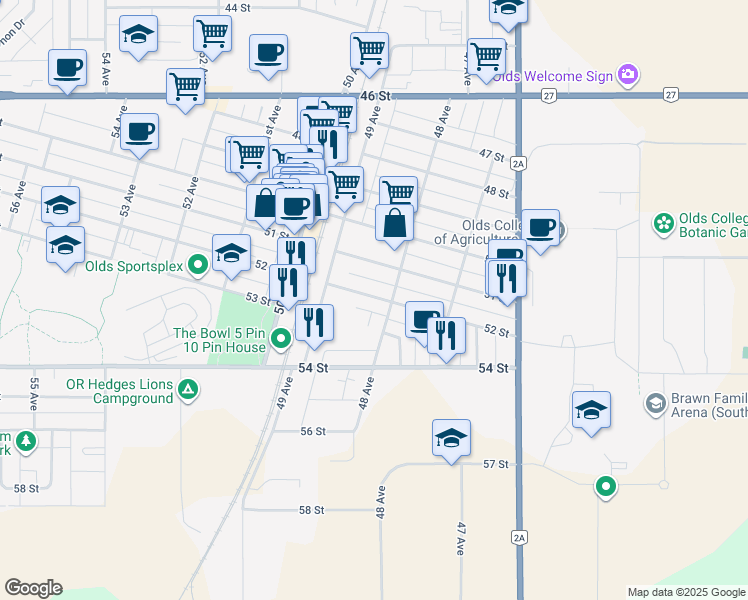 map of restaurants, bars, coffee shops, grocery stores, and more near 5210 48 Avenue in Olds