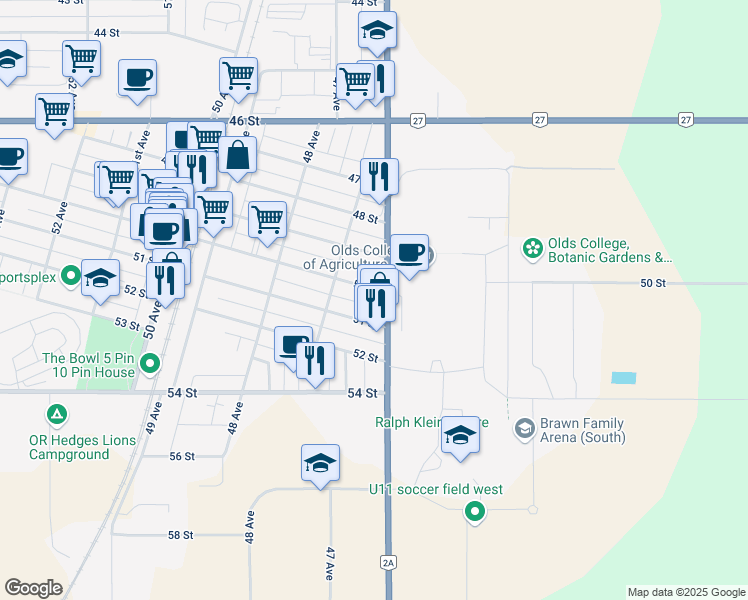 map of restaurants, bars, coffee shops, grocery stores, and more near 5002 46 Avenue in Olds