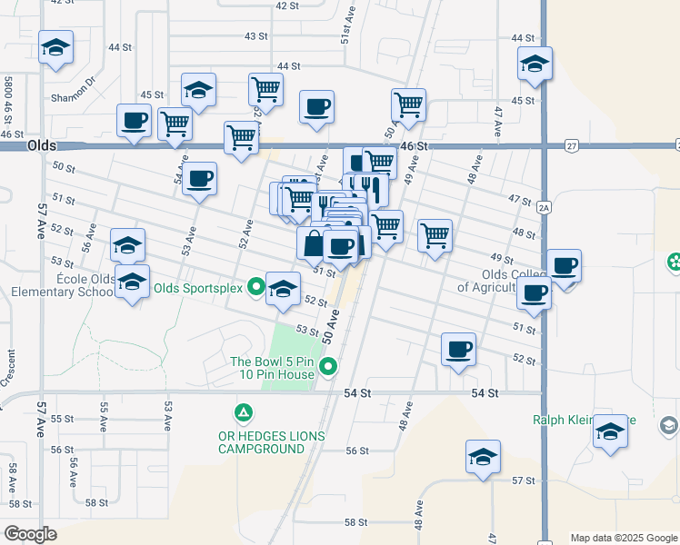 map of restaurants, bars, coffee shops, grocery stores, and more near 5020 50 Avenue in Olds