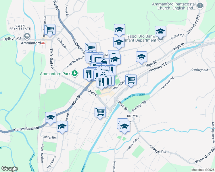 map of restaurants, bars, coffee shops, grocery stores, and more near 47 Quay Street in Ammanford