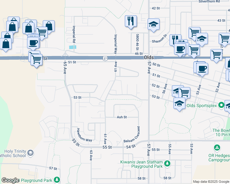 map of restaurants, bars, coffee shops, grocery stores, and more near 6118 B 53 Street in Olds