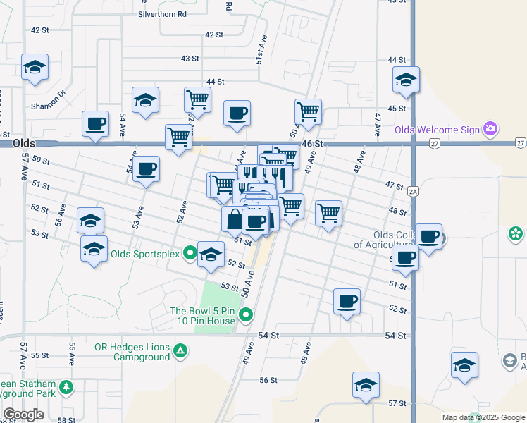 map of restaurants, bars, coffee shops, grocery stores, and more near 5020 50 Avenue in Olds