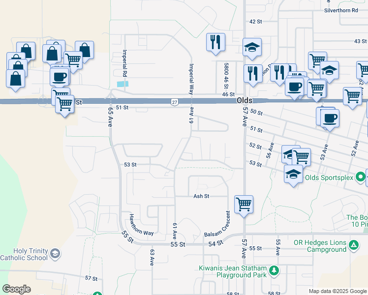 map of restaurants, bars, coffee shops, grocery stores, and more near 6118 B 53 Street in Olds