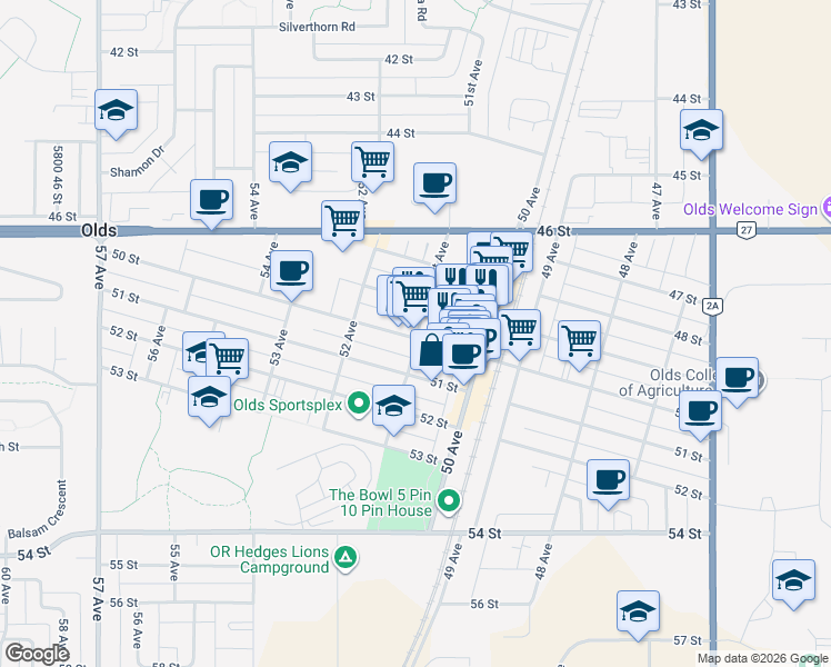 map of restaurants, bars, coffee shops, grocery stores, and more near 5102 50 Street in Olds