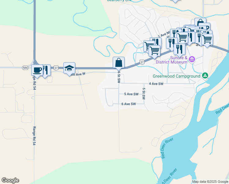 map of restaurants, bars, coffee shops, grocery stores, and more near 503 6 Street Southwest in Sundre