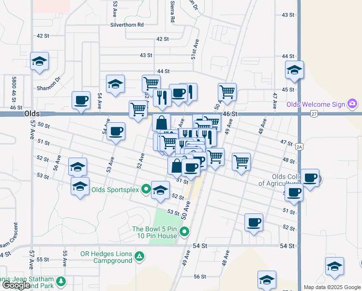 map of restaurants, bars, coffee shops, grocery stores, and more near 5034 49 Street in Olds