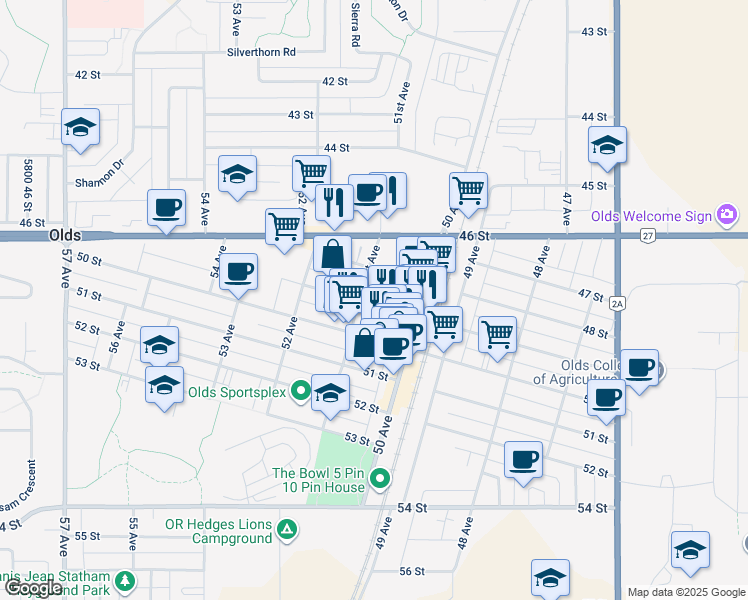 map of restaurants, bars, coffee shops, grocery stores, and more near 5034 49 Street in Olds