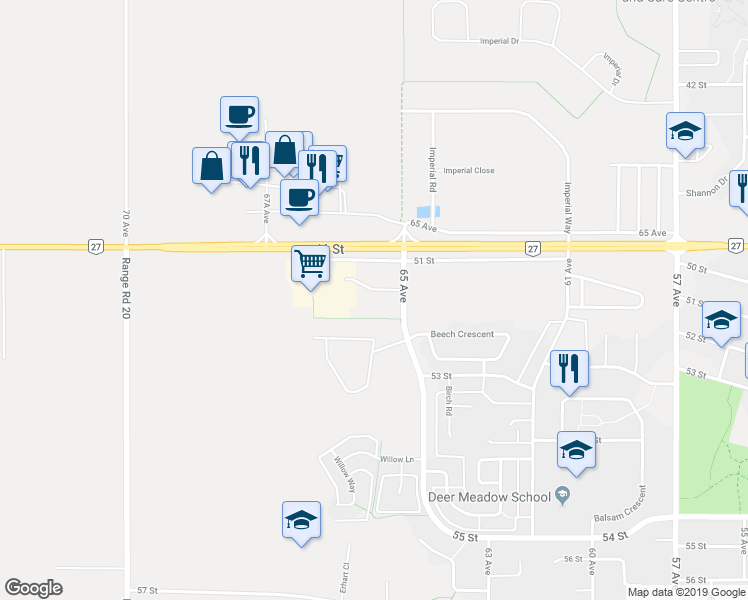 map of restaurants, bars, coffee shops, grocery stores, and more near 5110 65 Avenue in Olds