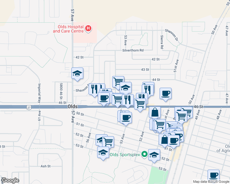 map of restaurants, bars, coffee shops, grocery stores, and more near in Olds