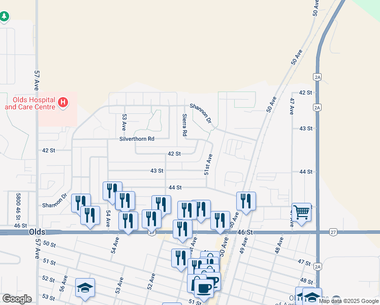 map of restaurants, bars, coffee shops, grocery stores, and more near in Olds