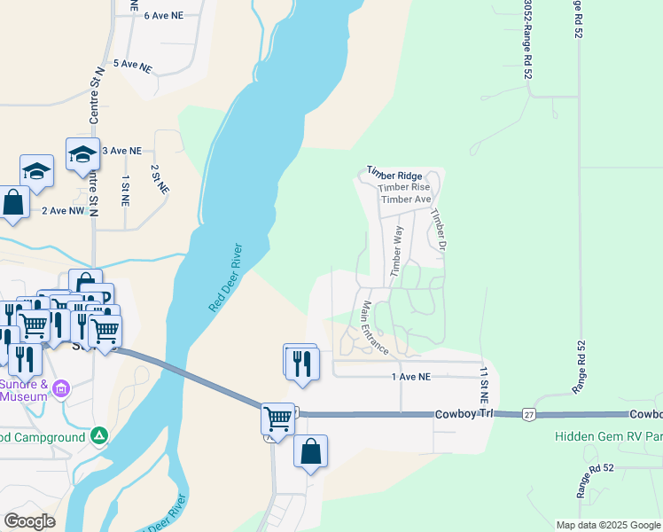 map of restaurants, bars, coffee shops, grocery stores, and more near 224 7 Street Northeast in Sundre