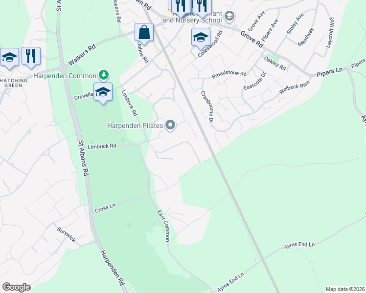 map of restaurants, bars, coffee shops, grocery stores, and more near in Harpenden