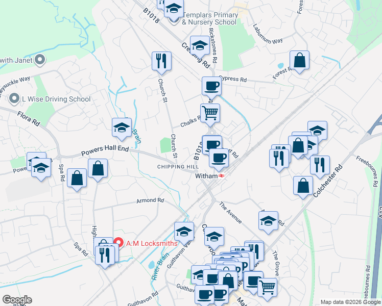 map of restaurants, bars, coffee shops, grocery stores, and more near 21 Bellfield Close in Essex