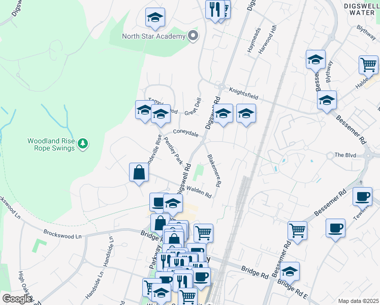 map of restaurants, bars, coffee shops, grocery stores, and more near Digswell Road in Hertfordshire