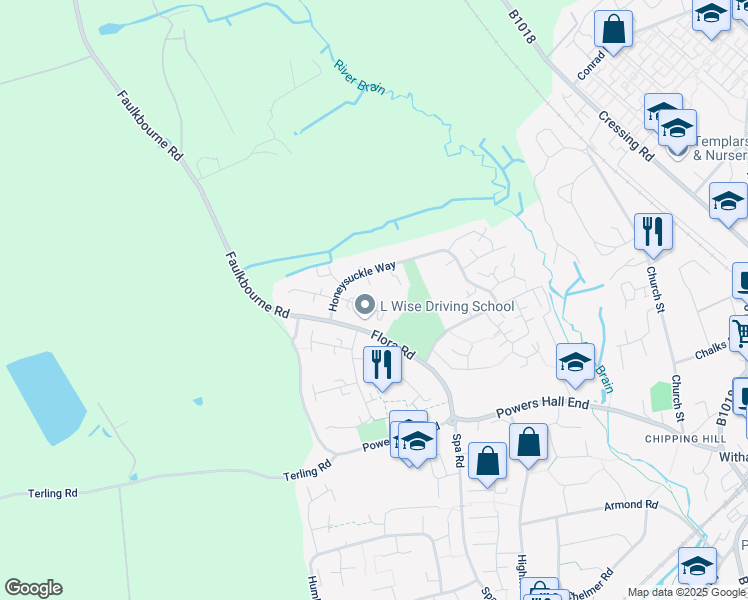 map of restaurants, bars, coffee shops, grocery stores, and more near 1 Bryony Close in Essex