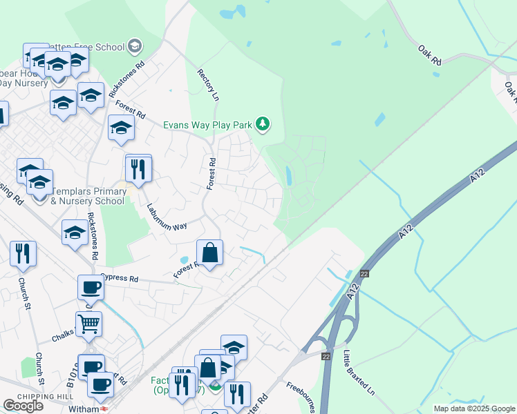 map of restaurants, bars, coffee shops, grocery stores, and more near Newman Crescent in Essex