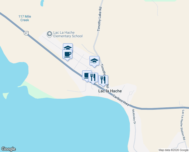 map of restaurants, bars, coffee shops, grocery stores, and more near 4836 Clarke Avenue in Lac la Hache