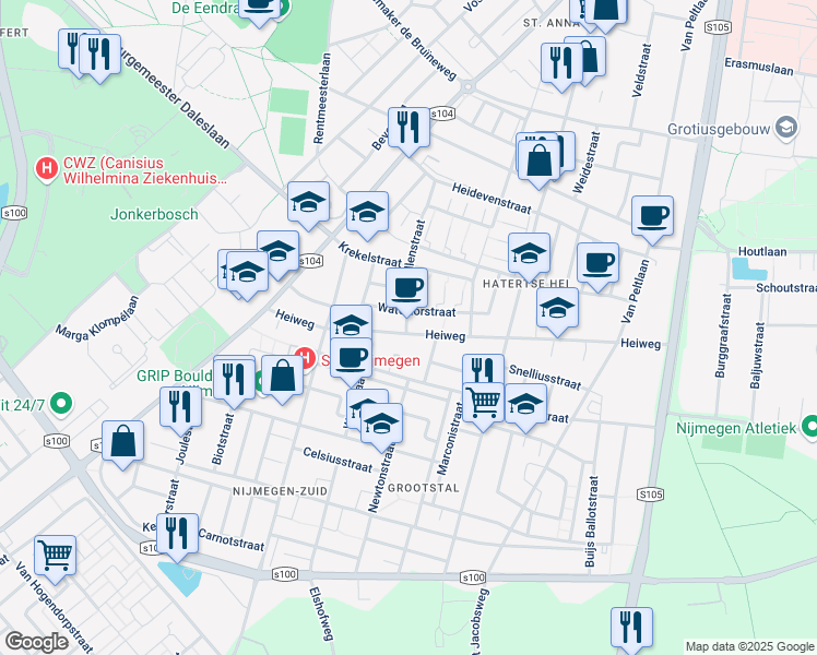 map of restaurants, bars, coffee shops, grocery stores, and more near 85 Libellenstraat in Nijmegen